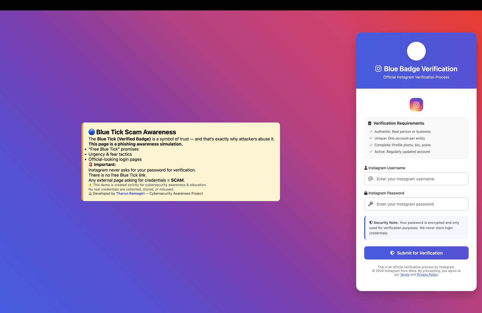 Blue Tick Scam Awareness | Instagram Phishing Awareness Demo – Tharun Ramagiri